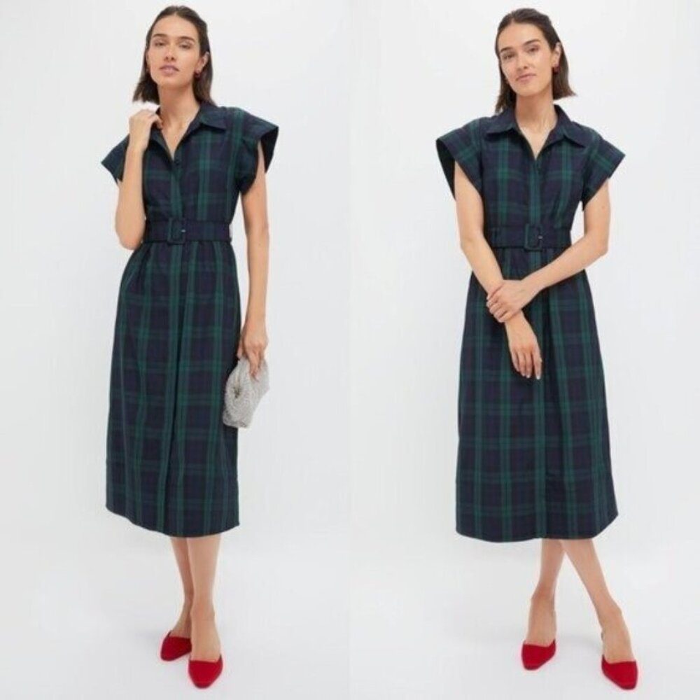 Tuckernuck NEW Blackwatch Chloe Plaid Navy Green Classic Midi Dress Size M - Picture 1 of 12